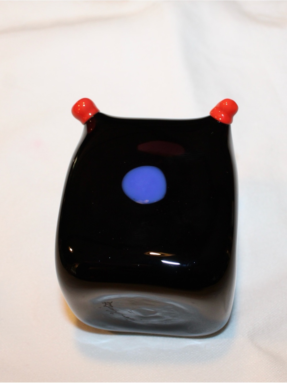 Handmade Black Glass Art Sculpture with Blue Accent and Red Knobs